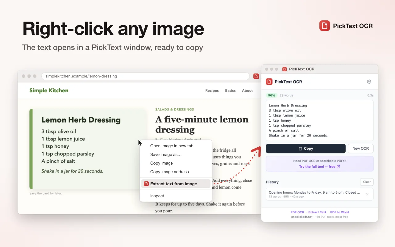 Right-clicking a picture on a recipe page opens its text in PickText OCR, ready to copy